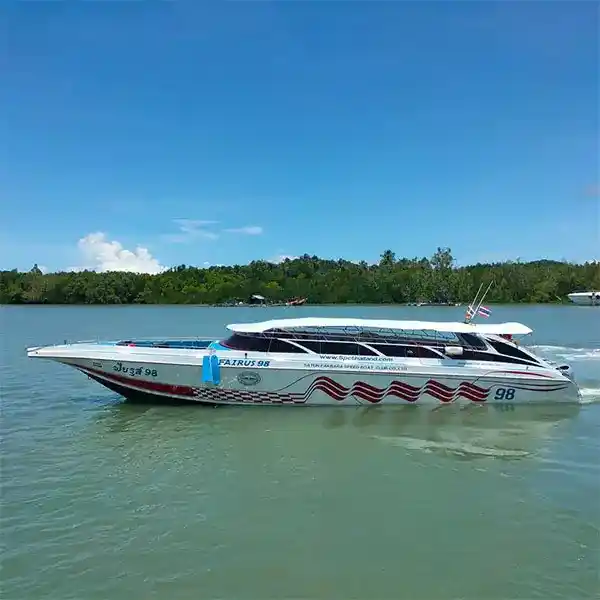 A fast Satun Pakbara passenger speedboat departing from Phuket, offering a quick 1-hour transfer to Koh Phi Phi